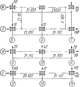 План колонн с указанием раз­меров их отклонений от вертикали